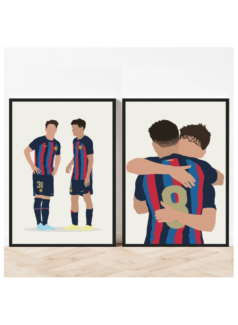 Boomah Accessories Set of 2, Pablo Gavi and Pedri Barcelona Minimal Illustration Poster with Frame 30x40cm  - Image 1