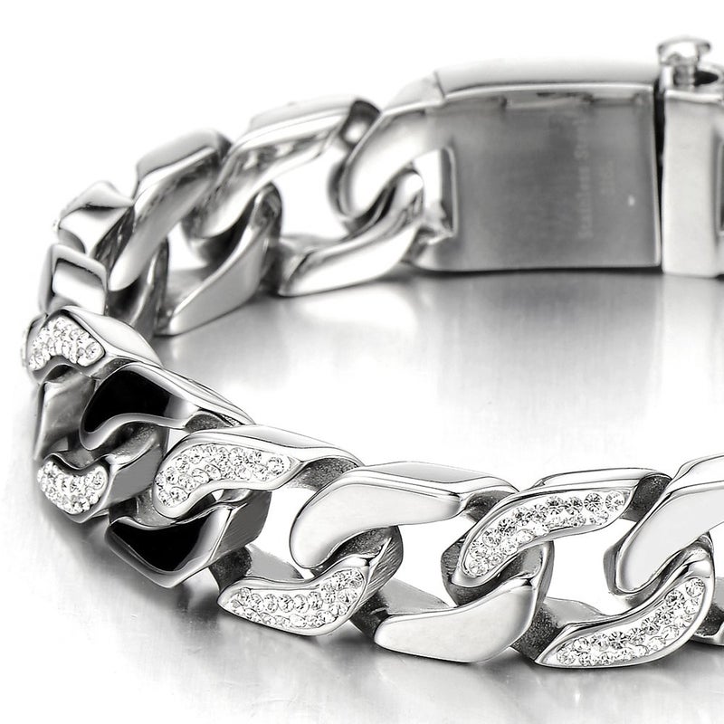 COOLSTEELANDBEYOND Men's Stainless Steel Curb Chain Bracelet Silver Color High Polished with Cubic Zirconia - Image 4