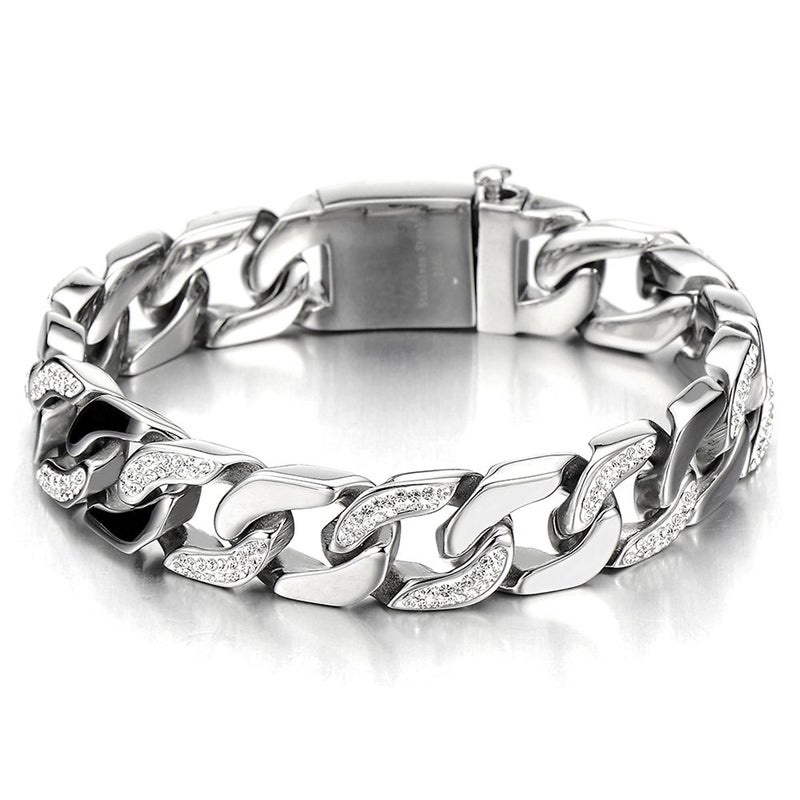 COOLSTEELANDBEYOND Men's Stainless Steel Curb Chain Bracelet Silver Color High Polished with Cubic Zirconia - Image 1
