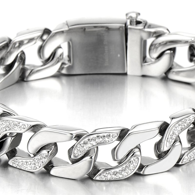 COOLSTEELANDBEYOND Men's Stainless Steel Curb Chain Bracelet Silver Color High Polished with Cubic Zirconia - Image 3