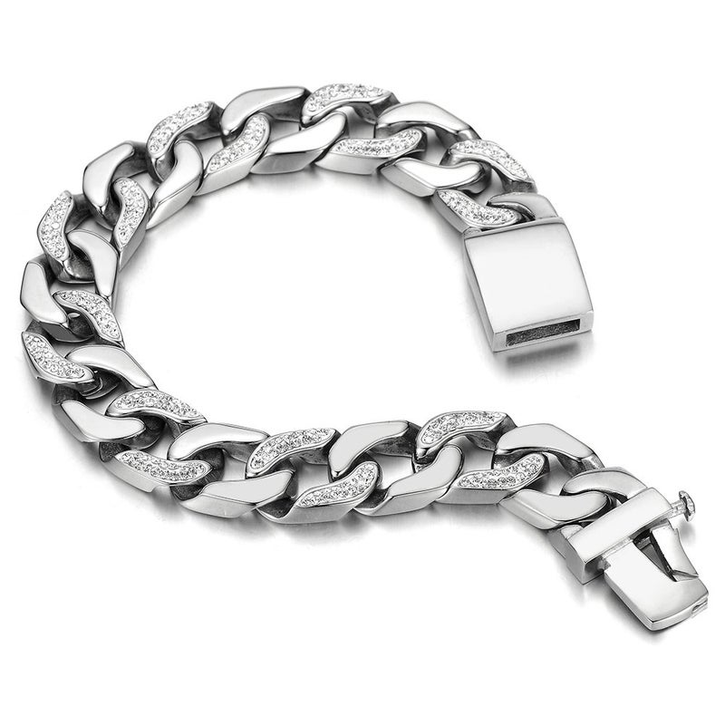 COOLSTEELANDBEYOND Men's Stainless Steel Curb Chain Bracelet Silver Color High Polished with Cubic Zirconia - Image 2