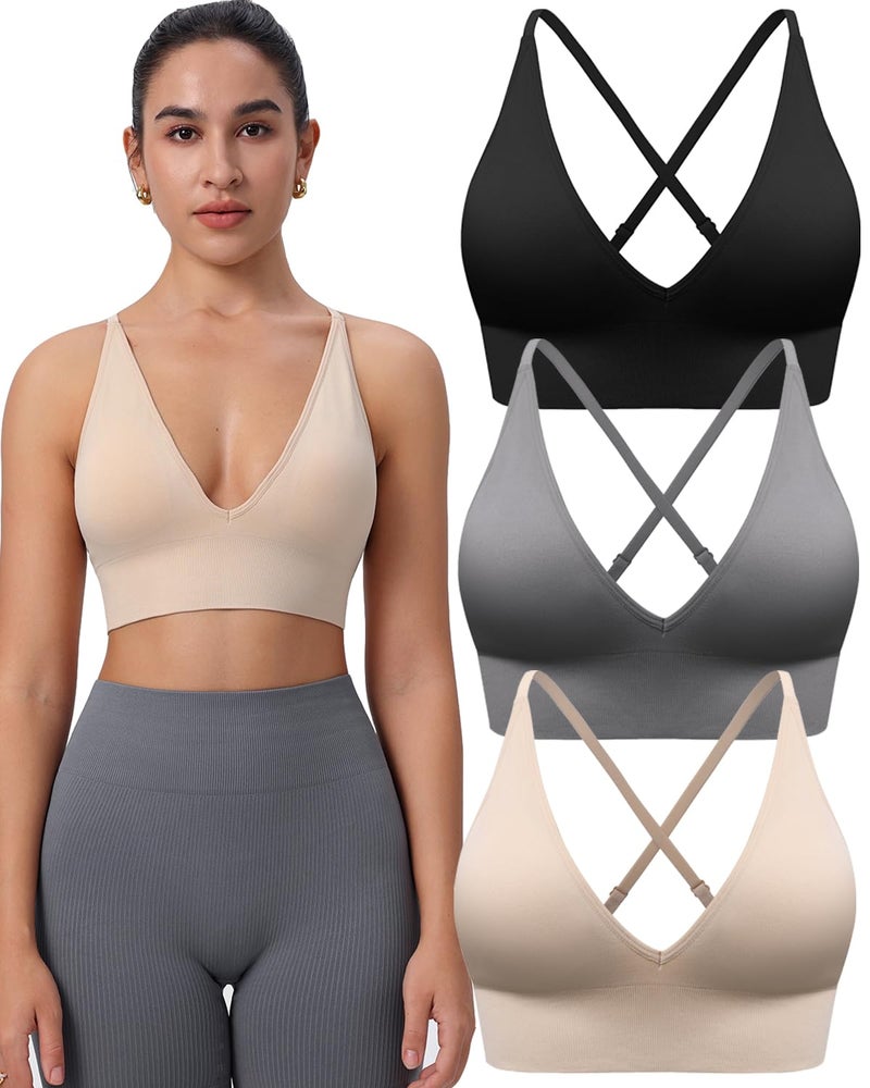 Evercute Women's Sports Bras 3/4 Pack Adjustable Deep V Neck Bras Wireless Spaghetti Strap Criss Cross Padded Seamless Low Support Sexy Everyday Bras - Image 1