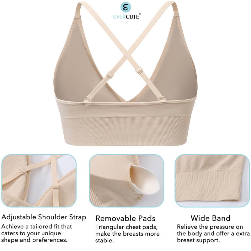 Evercute Women's Sports Bras 3/4 Pack Adjustable Deep V Neck Bras Wireless Spaghetti Strap Criss Cross Padded Seamless Low Support Sexy Everyday Bras - Image 3