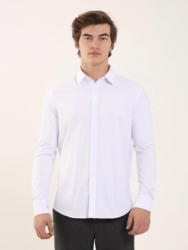 White Men's Slim Fit Classic Collar Long Sleeve Shirt