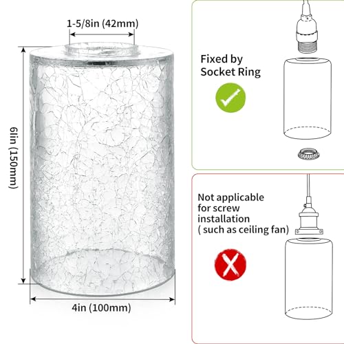 Skelang Crackle Lip-less Glass Lamp Shade, Cylindrical Light Cover with Fitter Opening, Replacement for Chandelier, Pendant, Bathroom Vanity Light, 3 Pcs - Image 4