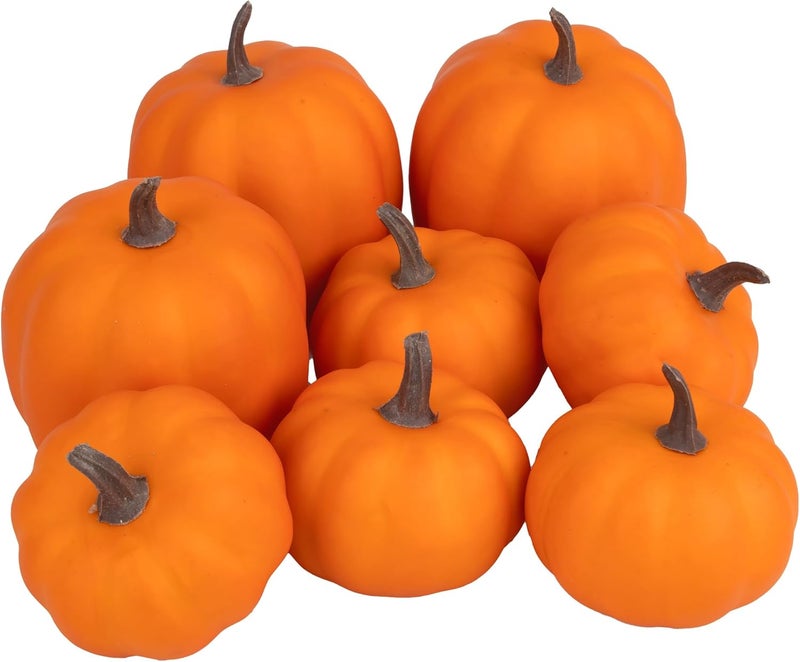 Artgar Orange Artificial Pumpkins, Harvest Decor Foam Pumpkin 8 PCS Set for Halloween Thanksgiving Fall Decorations, Realistic Faux Pumpkins for Festive Home Decor - Image 1