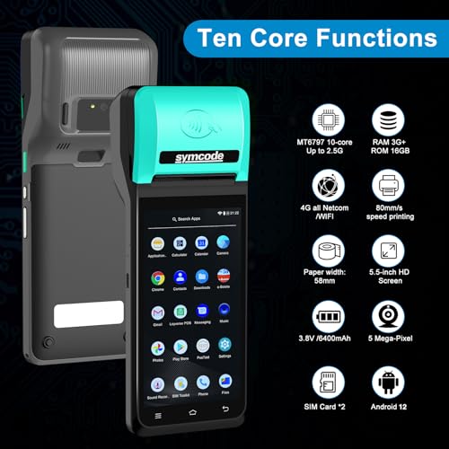 symcode POS PDA Receipt Printer 58mm Thermal Printer with Android 8.1 OS 5.5" Touch Screen.Scan 1D/2D/QR barcodes. Support 3G/4G.Bluethooth. Wi-Fi .NFC. - Image 2