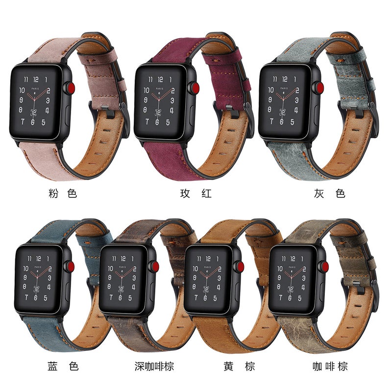 For Apple Watch3456789 Generation Apple Watch Band Iwatch Top Layer Cowhide Retro Leather Wristband - Image 2