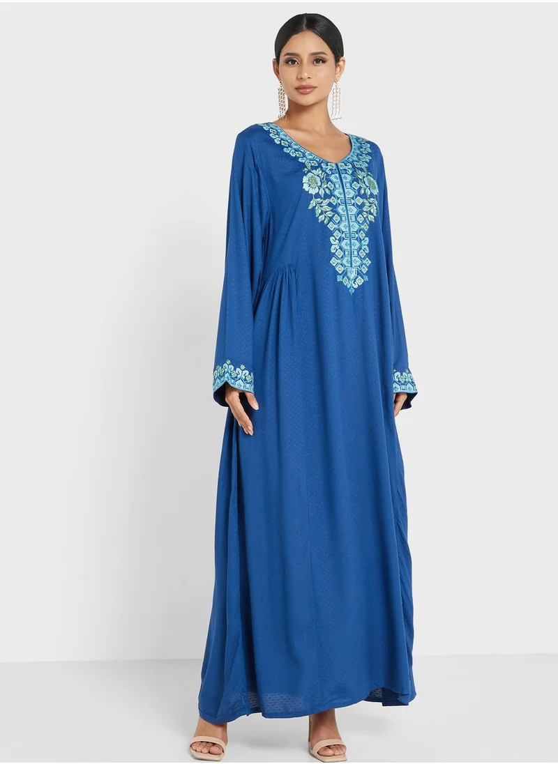 KASHKHA V-Neck Embroidered Jalabiya