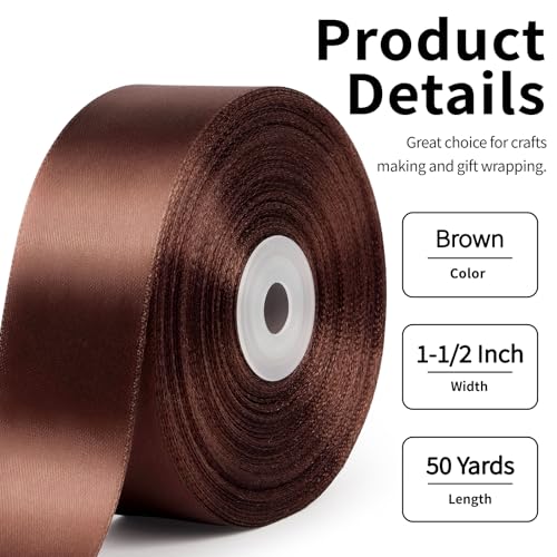 Mauproy 1-1/2 Inch Wide Brown Satin Ribbon, 50 Yards Solid Polyester Fabric Ribbon for Roses Making, Mother's Day, Gift Wrapping, Flower Bouquets, Wedding Decorations, Handmade Crafts - Image 2