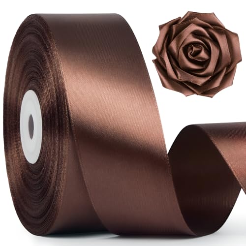 Mauproy 1-1/2 Inch Wide Brown Satin Ribbon, 50 Yards Solid Polyester Fabric Ribbon for Roses Making, Mother's Day, Gift Wrapping, Flower Bouquets, Wedding Decorations, Handmade Crafts - Image 1