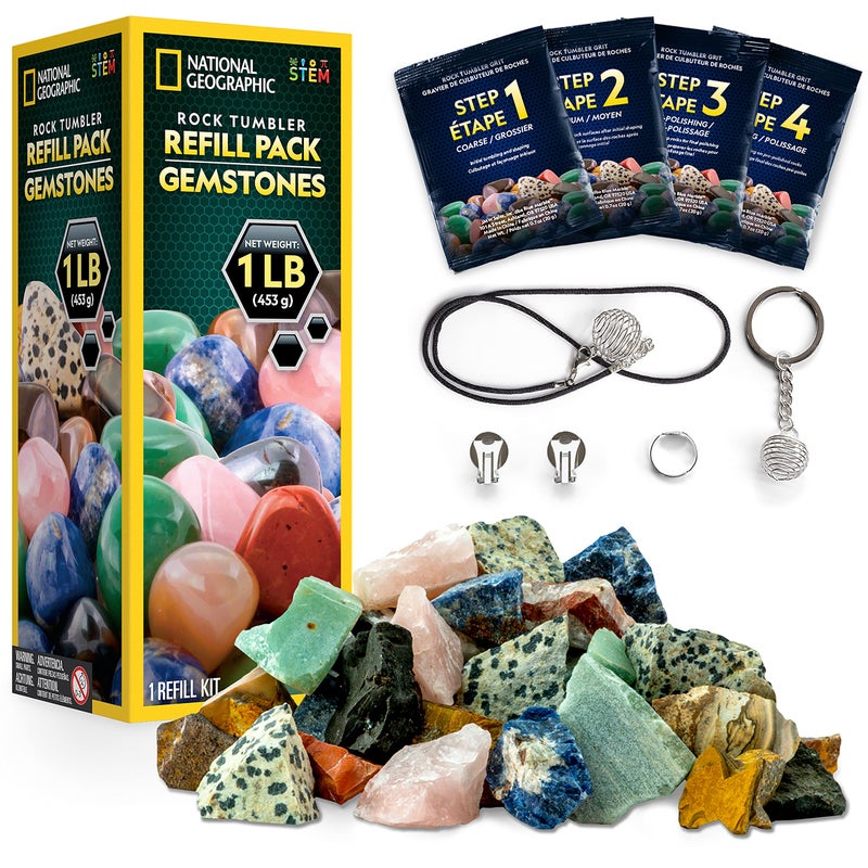 Blue Marble NATIONAL GEOGRAPHIC Rock Tumbler Refill Kit - Gemstone Mix of 9 varieties including Tiger's Eye, Amethyst and Quartz - Comes with 4 grades of Grit, Jewelry Fastenings and detailed Learning Guide - Image 1