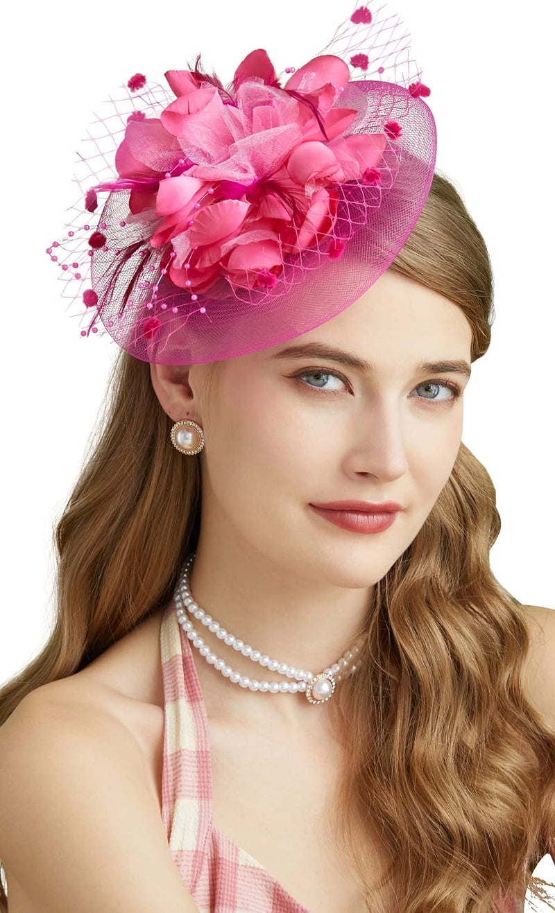 Cizoe Fascinators Hats for Womens 50s Headwear with Veil Flower Cocktail Wedding Tea Party Church Derby Hat(1-4-rose) - Image 1
