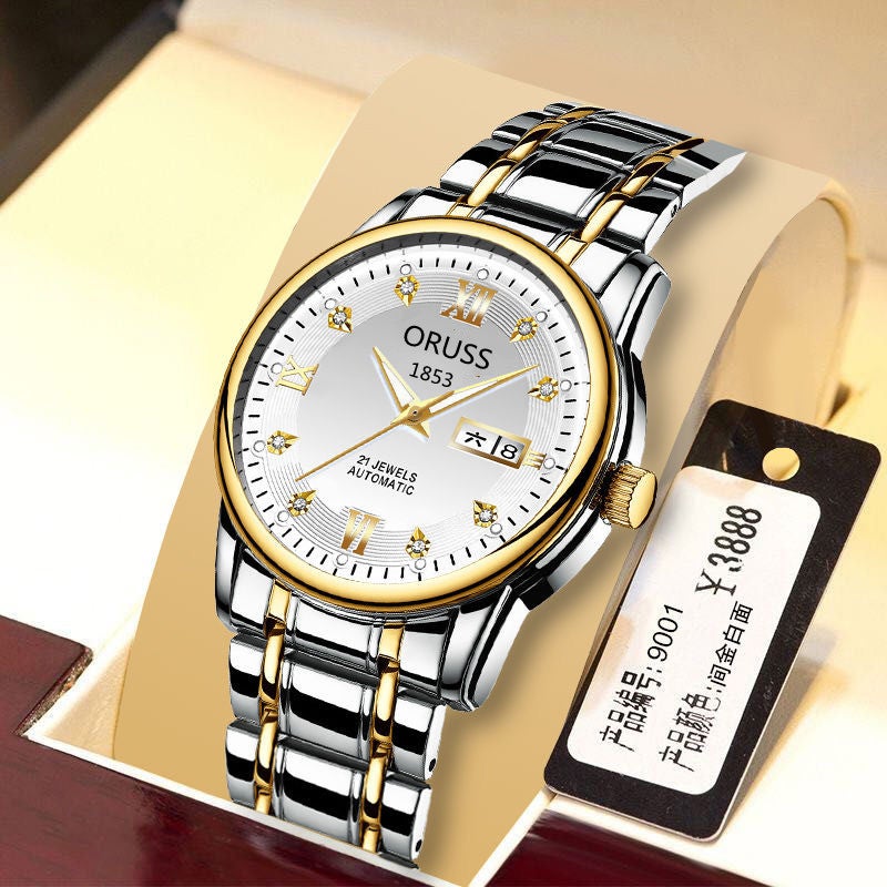 Automatic Mens Luminous Waterproof Luxury Watch Stuny Male Style -980 Gold and White 
