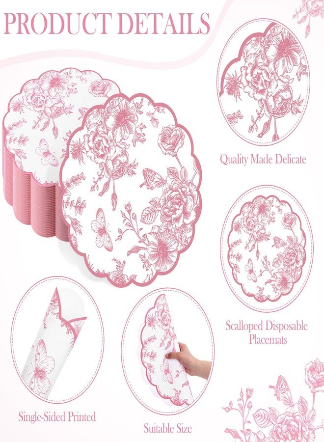 Supervitae 60 Pack Pink Floral Paper Place Mats Chinoiserie Scalloped Disposable Placemats 13.5 Inch Flower Decorative Table Mats for Dinner Table Setting Banquet Birthday Wedding Bride Party Supplies - Image 2