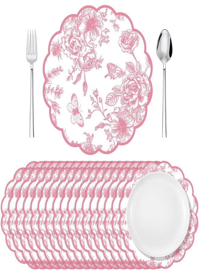 Supervitae 60 Pack Pink Floral Paper Place Mats Chinoiserie Scalloped Disposable Placemats 13.5 Inch Flower Decorative Table Mats for Dinner Table Setting Banquet Birthday Wedding Bride Party Supplies - Image 1