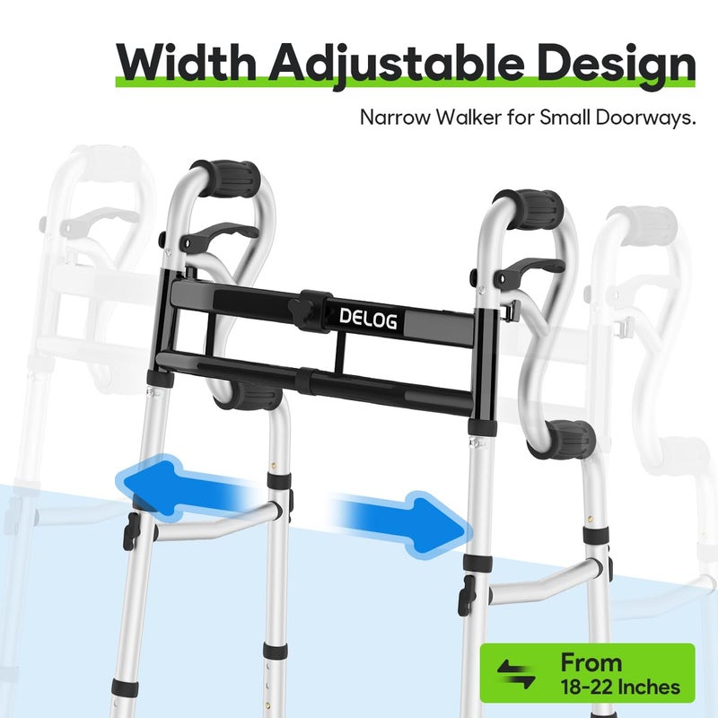 Delog Narrow Folding Walker for Seniors, 3 in 1 Folding Walker with 5â€ Front Wheels Width Adjustable Compact Standard Walker Support Up to 350lbs (Black) - Image 2