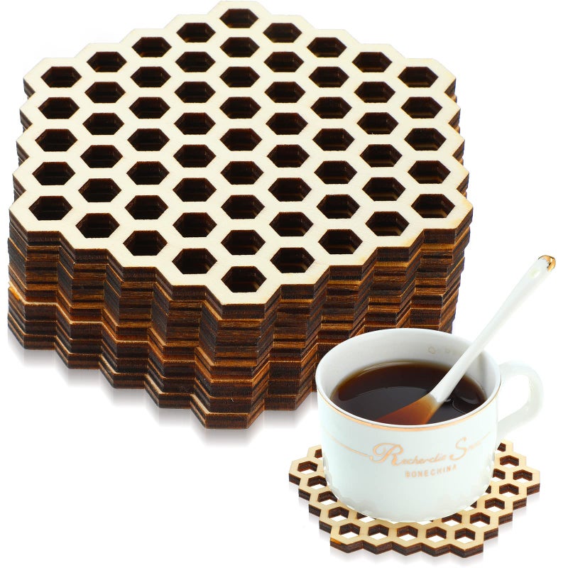 Cindeer 8 Pcs Honeycomb Wood Coaster Set Hollow Hex Honey Comb Wooden Coaster Hexagon Honeycomb Coasters Honeycomb Wooden Cup Cushion Mug Mats for Housewarming Gift Coffee DIY Bar Home Decor 