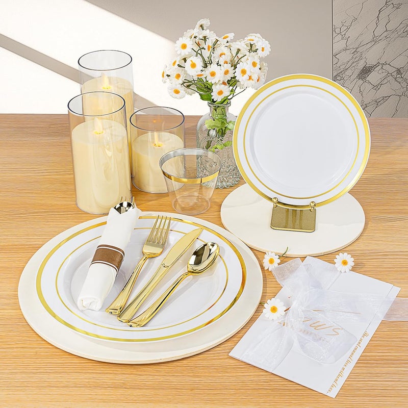 BESTVIP مجموعة أدوات المائدة البلاستيكية الذهبية مكونة من 700 قطعة لـ 100 ضيف، أطباق حفلات يمكن التخلص منها، تشمل: 200 طبق بلاستيكي، 100 منديل ملفوف مسبقًا مع أدوات مائدة ذهبية، 100 كوب - Image 4