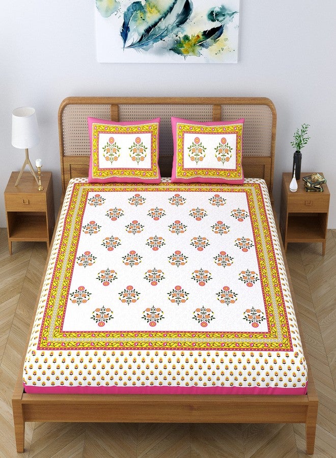Colorish Cotton Blend Jaipuri Floral Printed 104 TC Double Bedsheet King Size with 2 Pillow Covers, Pink Touch - Image 5
