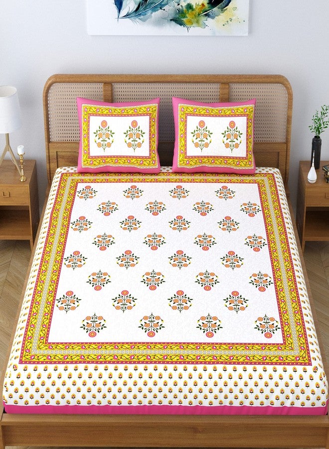 Colorish Cotton Blend Jaipuri Floral Printed 104 TC Double Bedsheet King Size with 2 Pillow Covers, Pink Touch - Image 2