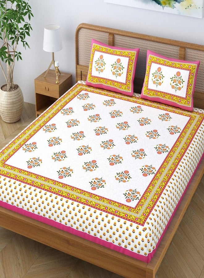 Colorish Cotton Blend Jaipuri Floral Printed 104 TC Double Bedsheet King Size with 2 Pillow Covers, Pink Touch - Image 3