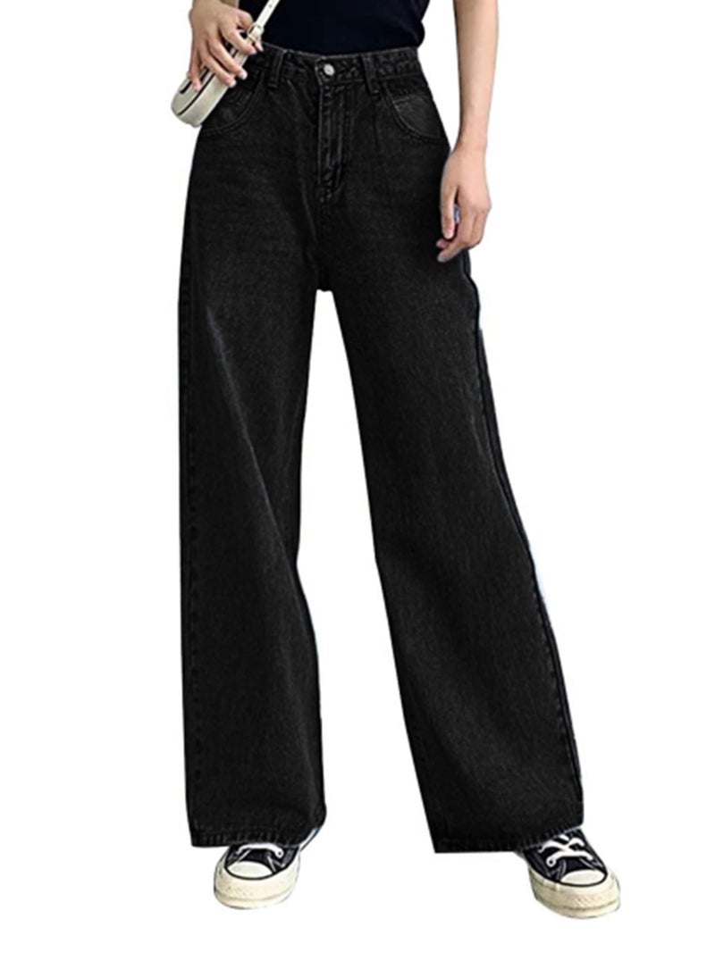 HDLTE Women Wide Leg Jeans Junior High Waist Baggy Jeans Loose Boyfriends Jeans Black Washed