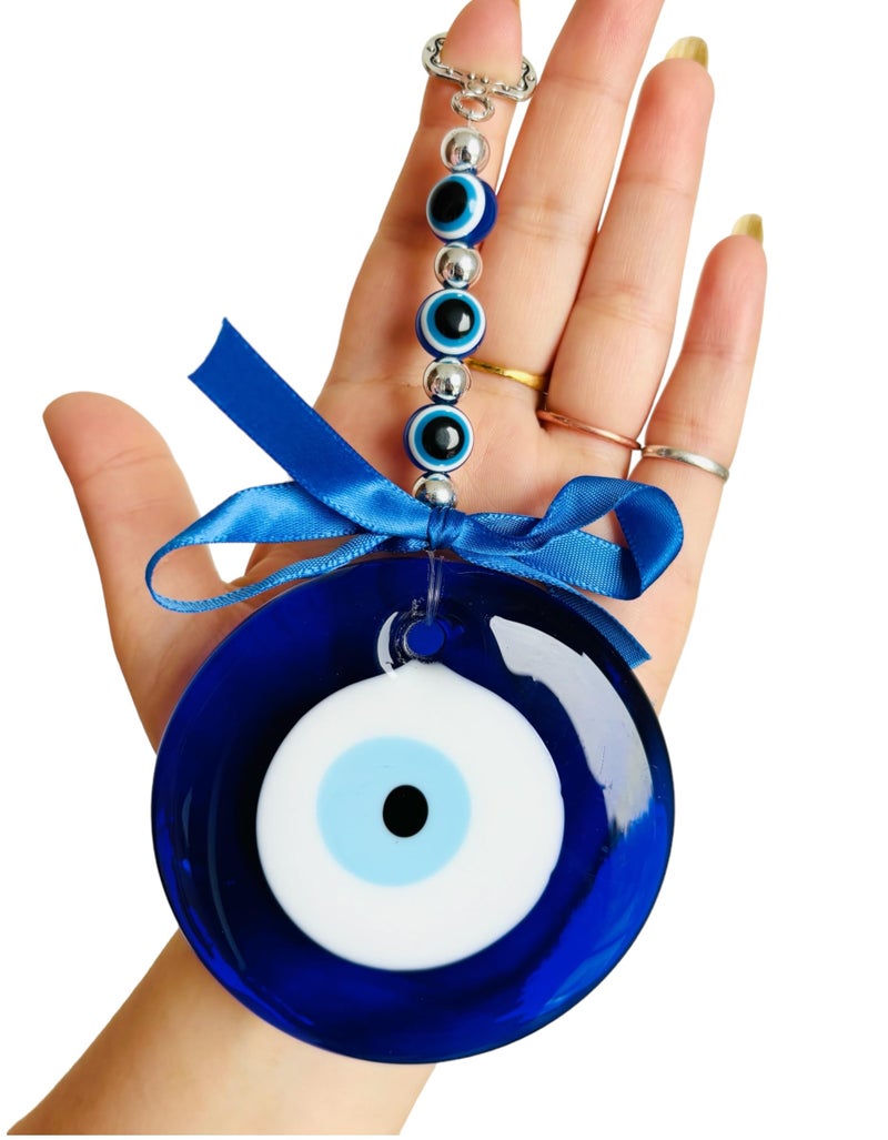 WARMINGO DE Large Size Evil Eye Hanging for Home & Office | Turkish Evil Eye for Good Luck & Prosperity | Evil Eye Wall Hanging Main Door Entrance Nazar battu (8 cm) - Image 1