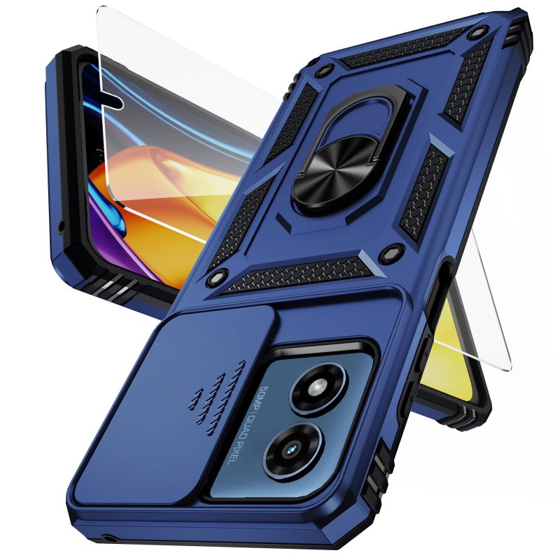 Weycolor for Moto G Play 2024 Case with Camera Lens Cover HD Screen Protector, 10 FT Military Grade Drop Protection, Magnetic Ring Holder Kickstand Protective Phone Case, Navy Blue - Image 1