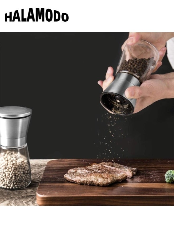 HALAMODO Premium Salt and Pepper Grinder Set with Stand Stainless Steel Manual Spice with Adjustable Coarseness & Easy to Fill and Use & Large Capacity Pepper Mill Grinders Shakers Set  - Image 2