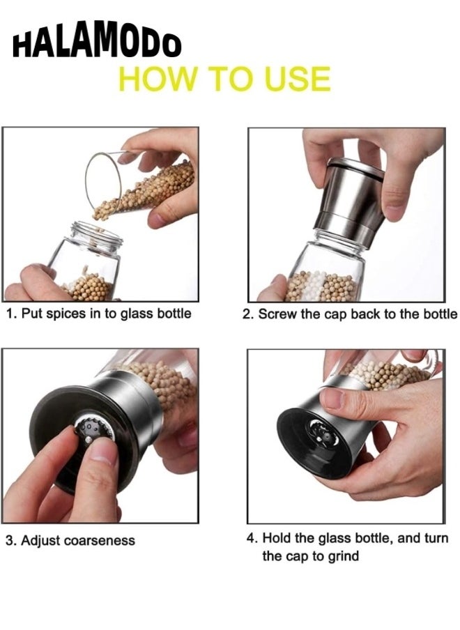 HALAMODO Premium Salt and Pepper Grinder Set with Stand Stainless Steel Manual Spice with Adjustable Coarseness & Easy to Fill and Use & Large Capacity Pepper Mill Grinders Shakers Set  - Image 5