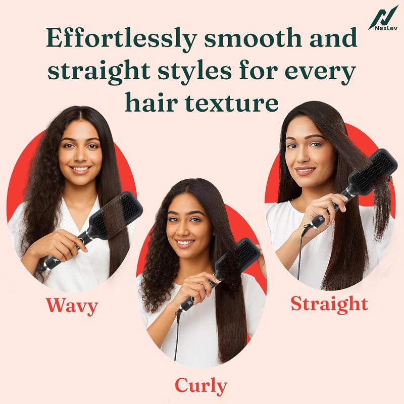 nexlev فرشاة فرد الشعر الأيونية | فرد خالي من التجاعيد حتى 12 ساعة | مطلية بالسيراميك والتورمالين | فرشاة بعرض 60 مم | 130-210° | شعيرات كيراتين | تقنية الحماية الحرارية | لا حروق لفروة الرأس | 1500 واط | HSB-03 - Image 5