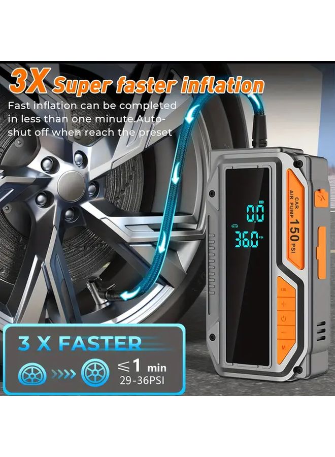Multifunctional Air Pump Car Jump Starter Tire Inflator 150PSI 10L Gasoline Diesel Vehicles - Image 5