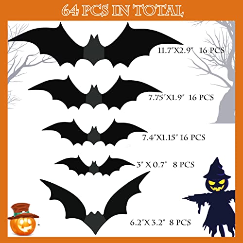 TDHDIKE Halloween Decorations Bats Wall Decor Halloween Party Decorations Indoor Outdoor Decor Supplies, 64 Pcs Reusable PVC 3D Black Bats Stickers for Creepy Home Bathroom Decor - Image 2