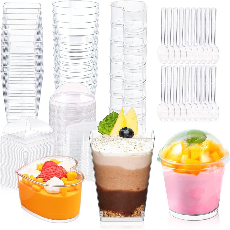 ALEXPRE 360 Pack 5oz 6oz Dessert Cups with Lids and Spoons 3 Styles Clear Plastic Appetizer Cups Disposable Party Mini Parfait Cups for Serving Fruit Trifle Mousse Ice Cream and Pudding Dessert Cups - Image 1