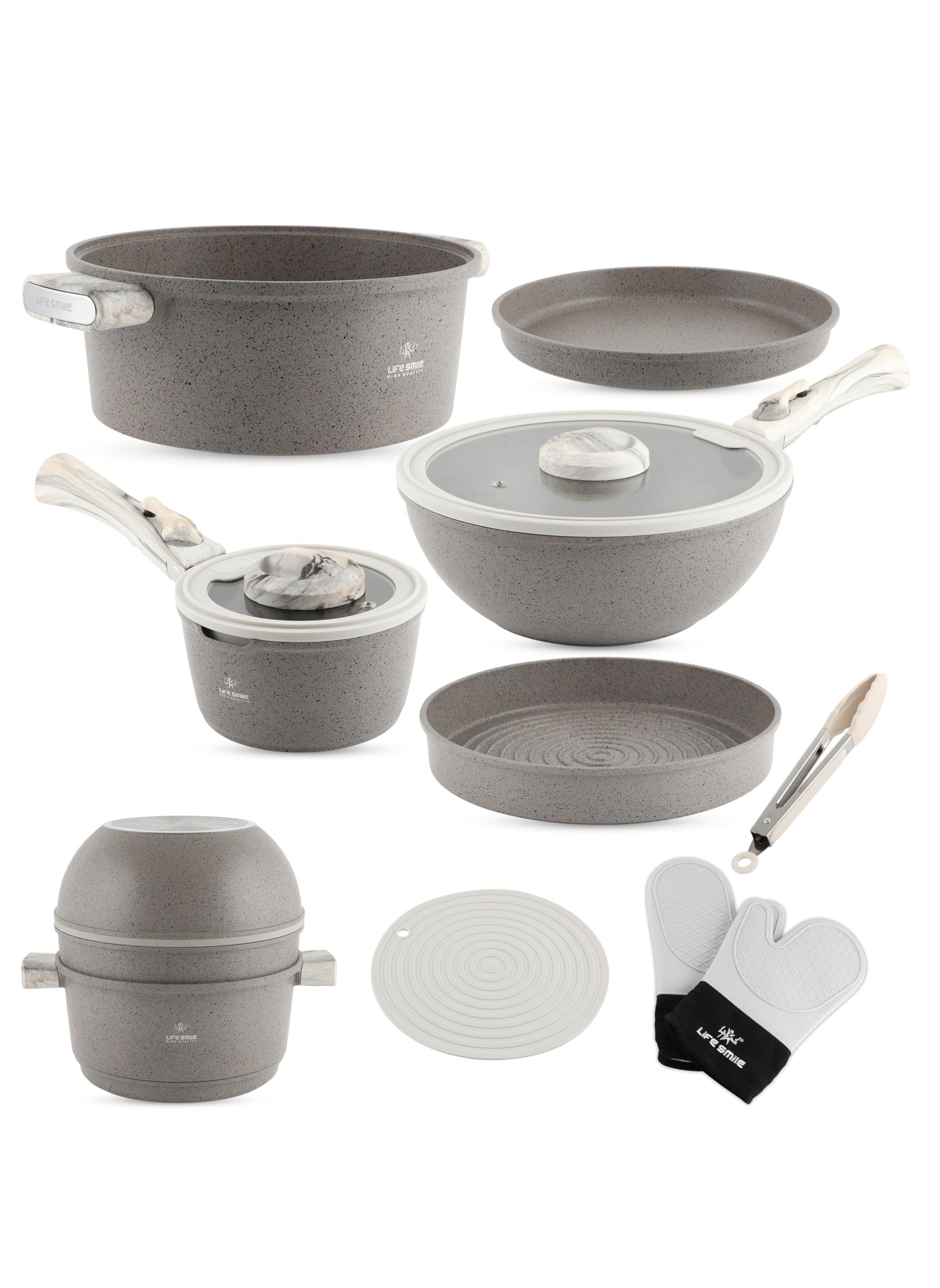 Non-Stick Cookware Set – Ultimate 13-Piece Stackable Cooking Set – Induction Cookware Includes Soup Pot, Wok, Saucepan, Crepe Pan, Skillet, Tong & Accessories – Space Saver & Oven Safe 