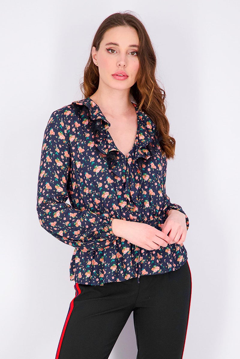 MANGO Women Long Sleeve Floral Print Ruffled Top, Navy Combo - Image 1