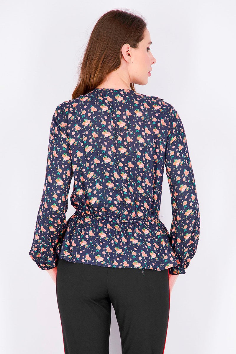 MANGO Women Long Sleeve Floral Print Ruffled Top, Navy Combo - Image 3