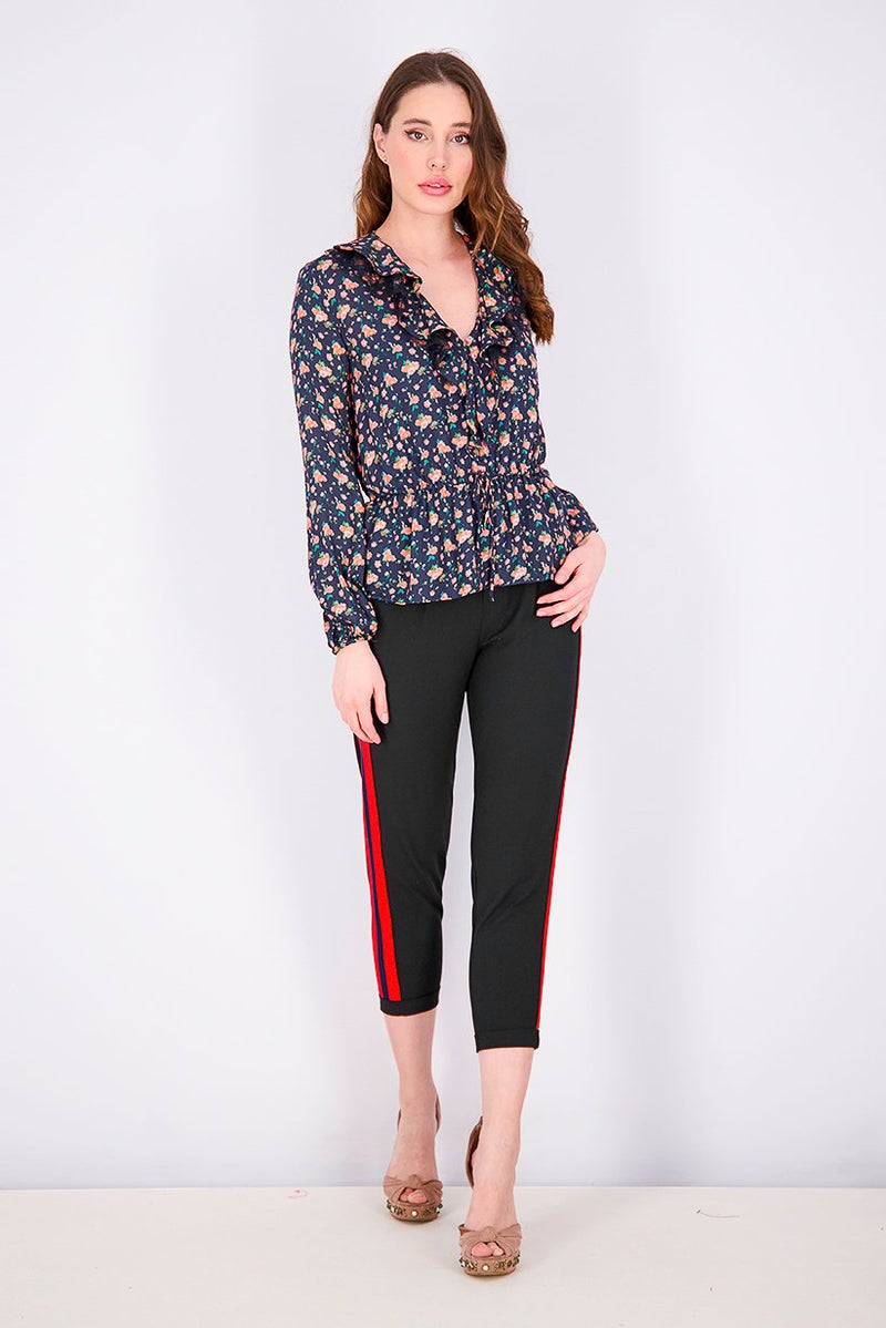 MANGO Women Long Sleeve Floral Print Ruffled Top, Navy Combo - Image 2