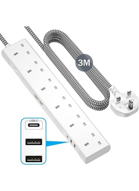 LENCENT 3M Extension Lead with USB Slots, 6 Way Outlets Power Strip with 1 USB-C and 2 USB Slots,Multi Power Plug Extension with 3M Braided Extension Cord for Home Office, White
