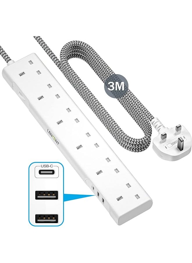 Lencent LENCENT 3M Extension Lead with USB Slots, 6 Way Outlets Power Strip with 1 USB-C and 2 USB Slots,Multi Power Plug Extension with 3M Braided Extension Cord for Home Office, White  - Image 1