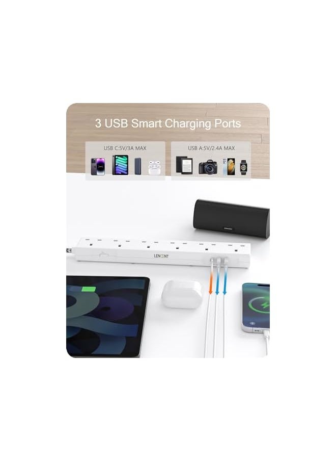 Lencent LENCENT 3M Extension Lead with USB Slots, 6 Way Outlets Power Strip with 1 USB-C and 2 USB Slots,Multi Power Plug Extension with 3M Braided Extension Cord for Home Office, White  - Image 3