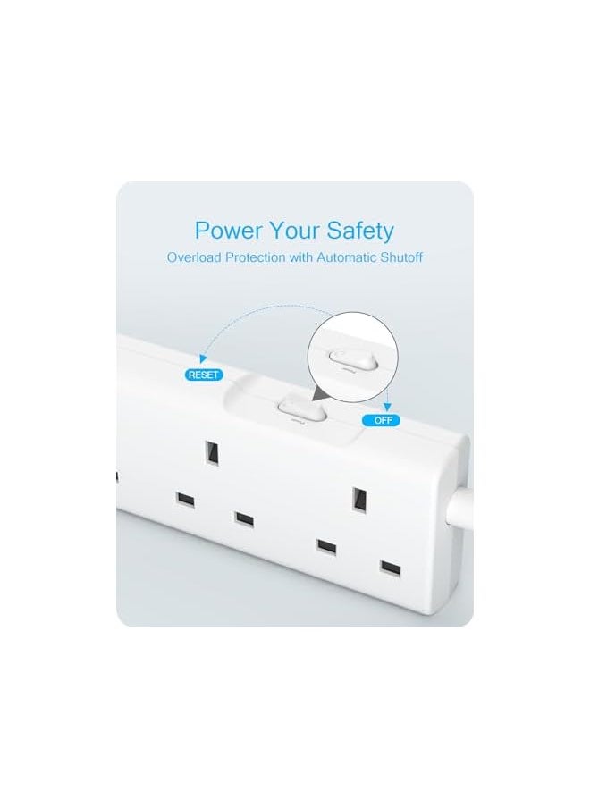 LENCENT 3M Extension Lead with USB Slots, 6 Way Outlets Power Strip with 1 USB-C and 2 USB Slots,Multi Power Plug Extension with 3M Braided Extension Cord for Home Office, White
