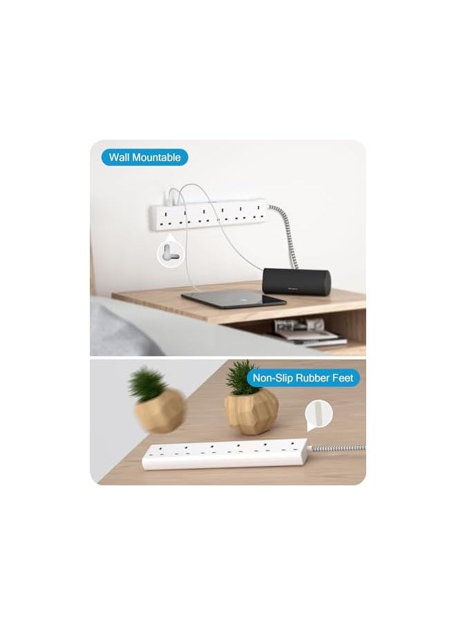 Lencent LENCENT 3M Extension Lead with USB Slots, 6 Way Outlets Power Strip with 1 USB-C and 2 USB Slots,Multi Power Plug Extension with 3M Braided Extension Cord for Home Office, White  - Image 5