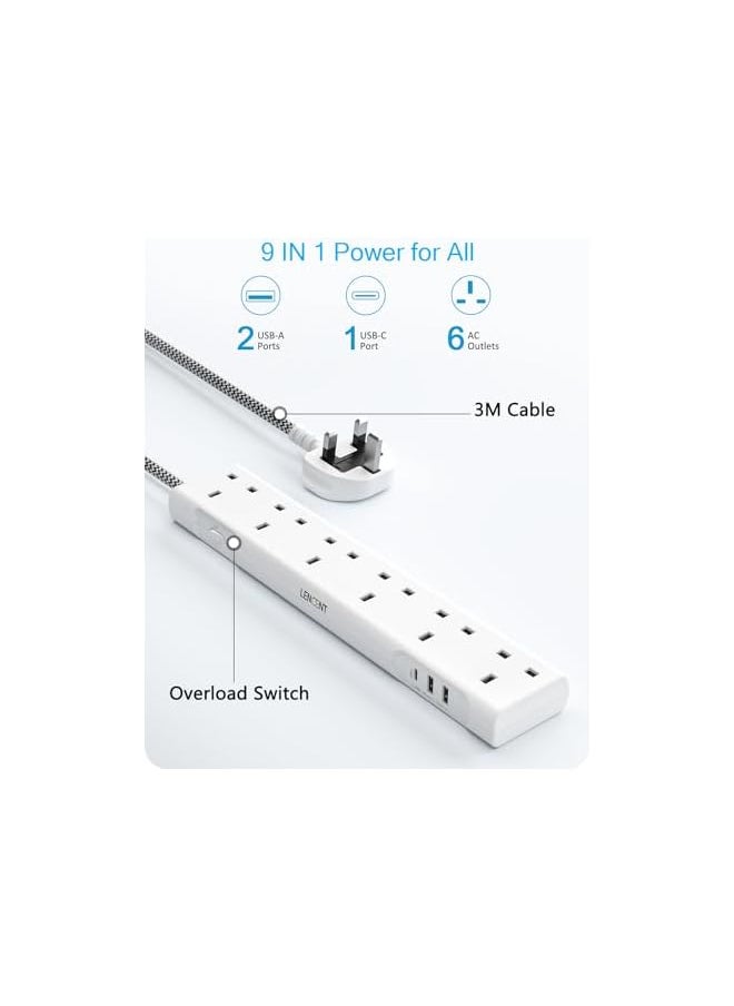 Lencent LENCENT 3M Extension Lead with USB Slots, 6 Way Outlets Power Strip with 1 USB-C and 2 USB Slots,Multi Power Plug Extension with 3M Braided Extension Cord for Home Office, White  - Image 2