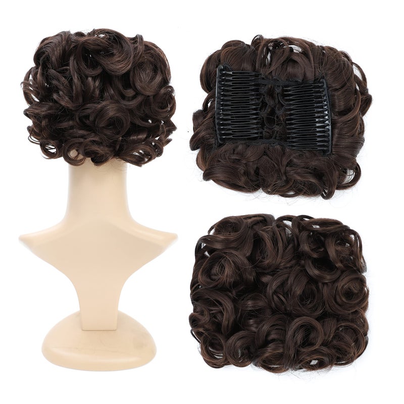 SWACC Short Messy Curly Dish Hair Bun Extension Easy Stretch hair Combs Clip in Ponytail Extension Scrunchie Chignon Tray Ponytail Hairpieces Dark Brown4