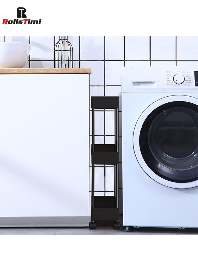 RollsTimi  Storage Trolley with Wheels, Kitchen Trolley with 3 Shelves, Narrow Storage Cabinet, Pull-Out Serving Trolley, Bathroom Trolley, Black - Image 4