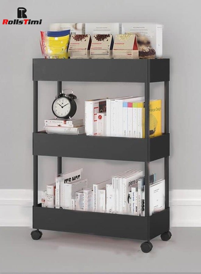 RollsTimi  Storage Trolley with Wheels, Kitchen Trolley with 3 Shelves, Narrow Storage Cabinet, Pull-Out Serving Trolley, Bathroom Trolley, Black - Image 1