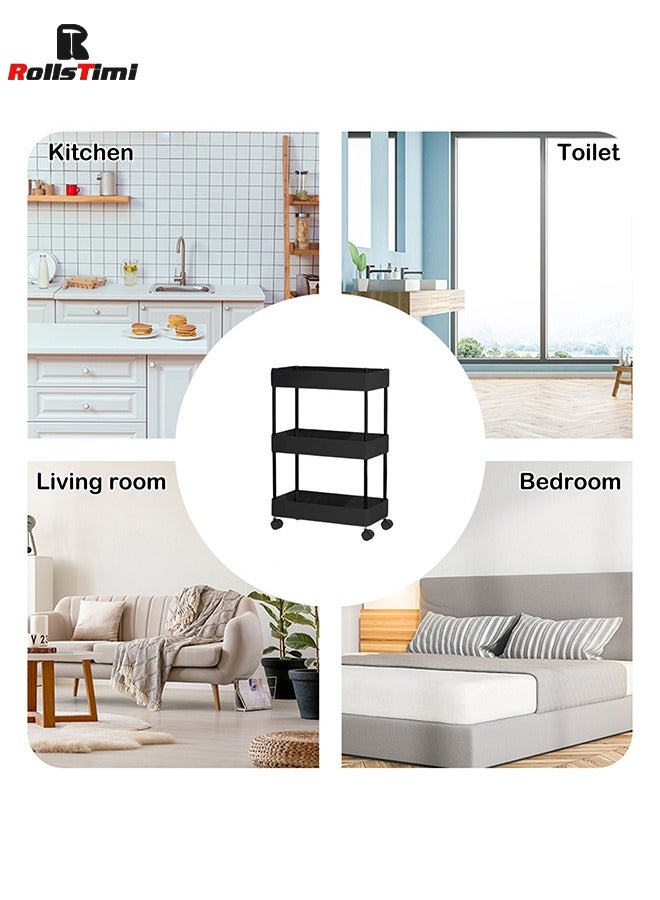 RollsTimi  Storage Trolley with Wheels, Kitchen Trolley with 3 Shelves, Narrow Storage Cabinet, Pull-Out Serving Trolley, Bathroom Trolley, Black - Image 2