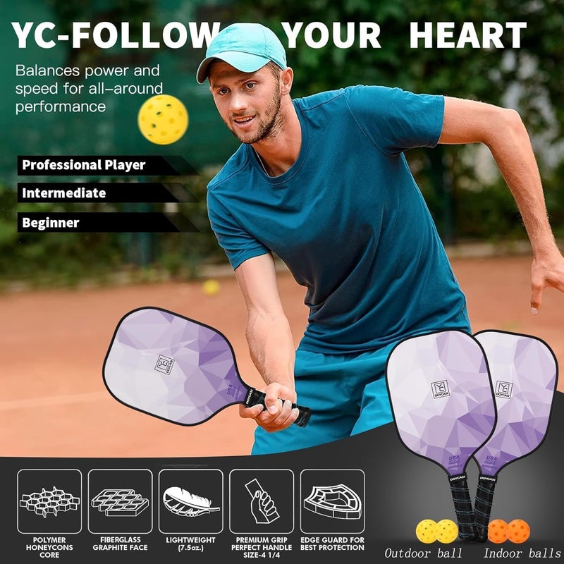 Mayboom Pickleball Paddles Set of 2 or 4, USAPA Approved Pickleball Paddles Set with 4 Pickle Balls and Carry Bag, Fiberglass Rackets 2 Pack Gifts for Beginners&Pros (Light Purple) - Image 5